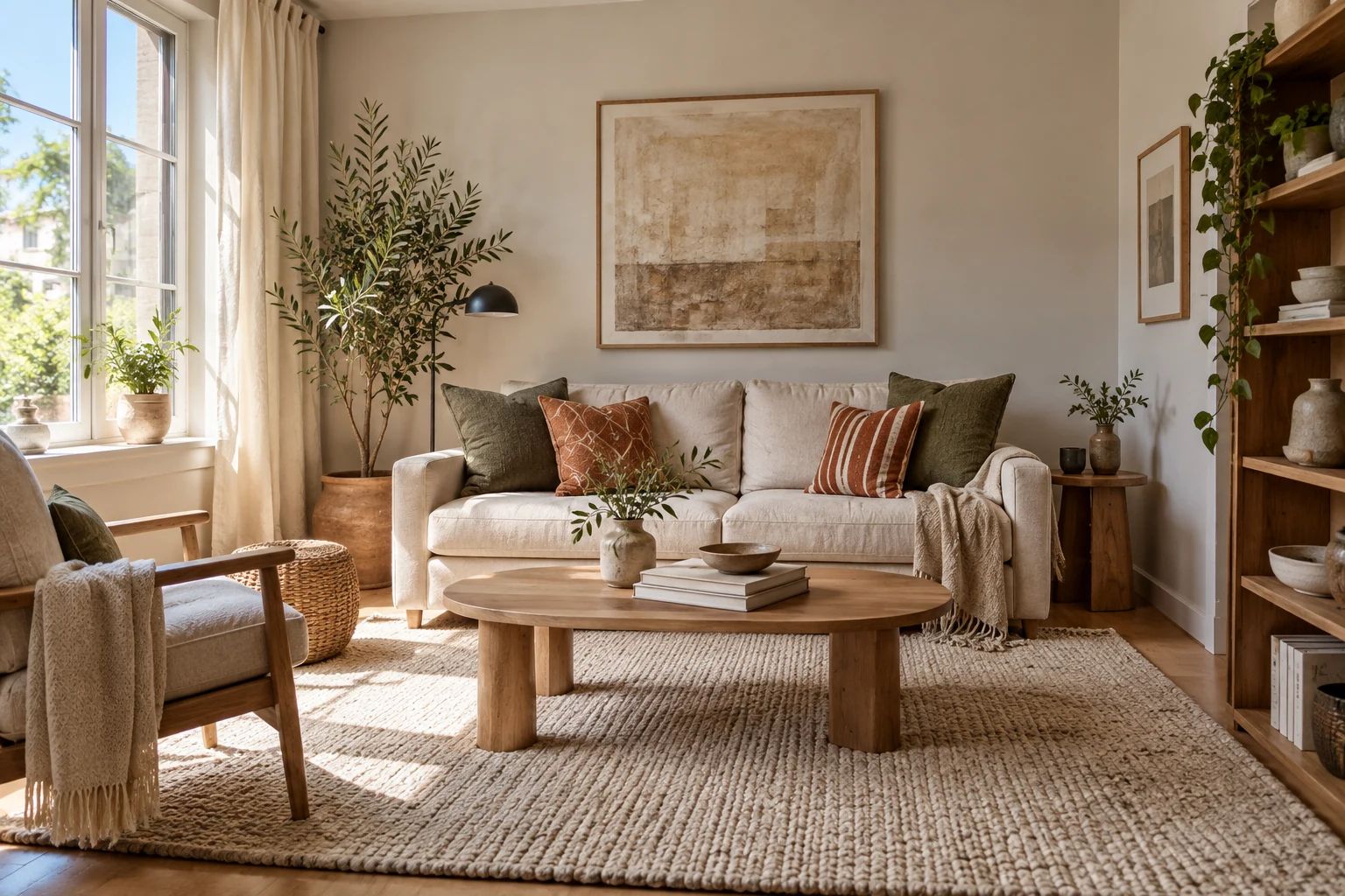 Cream sofa, sage cushions and oak furniture in a sunlit small apartment