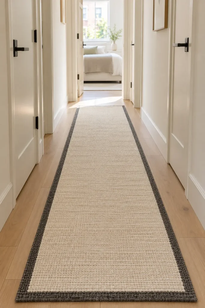 Flat runner rug in a narrow rental hallway with bare floor visible along both sides, keeping the walkway clear