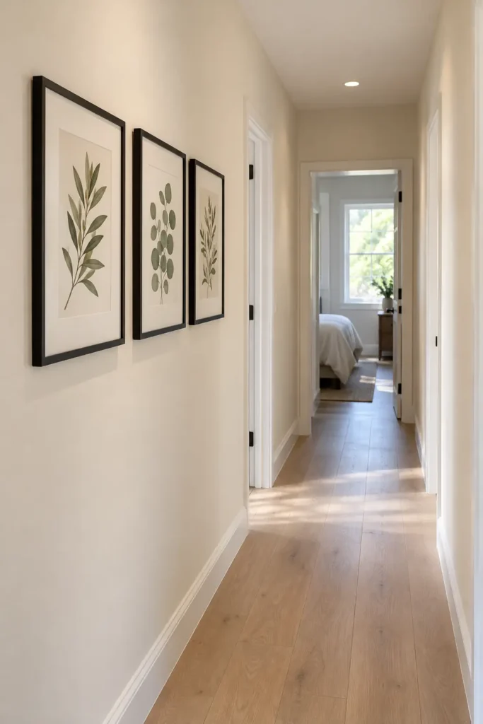 Lightweight picture frames hung in one level row on a narrow hallway wall in a rental home