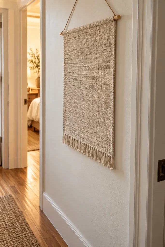 Flat cotton textile wall hanging adding texture to a narrow hallway without a deep frame
