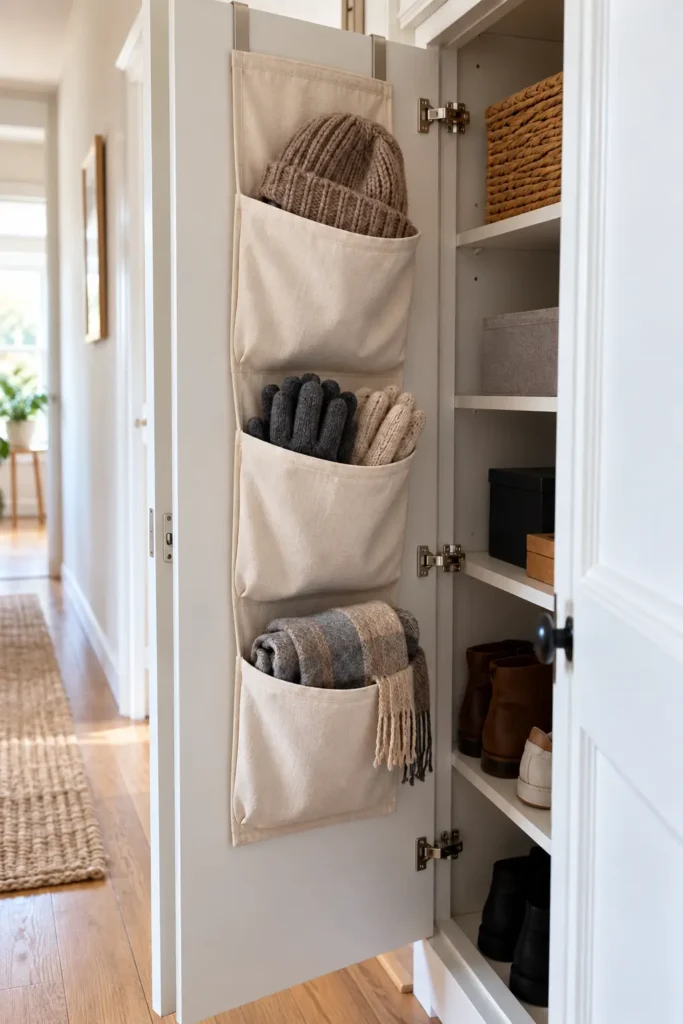 Fabric pocket organizer inside a cupboard door storing hats and gloves in a rental hallway