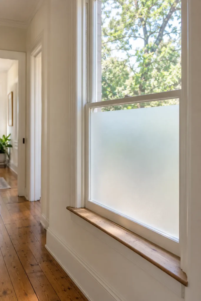 Static-cling privacy film applied to a hallway window in a rental without adhesive