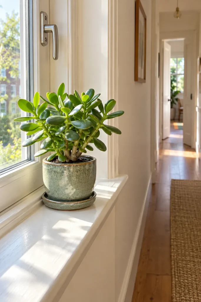 Small potted plant on an existing sunny windowsill in a narrow hallway