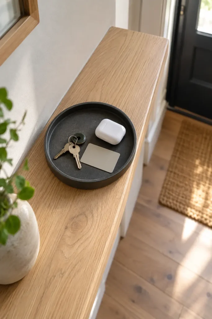 Shallow tray used as a key drop on an existing ledge in a narrow rental hallway