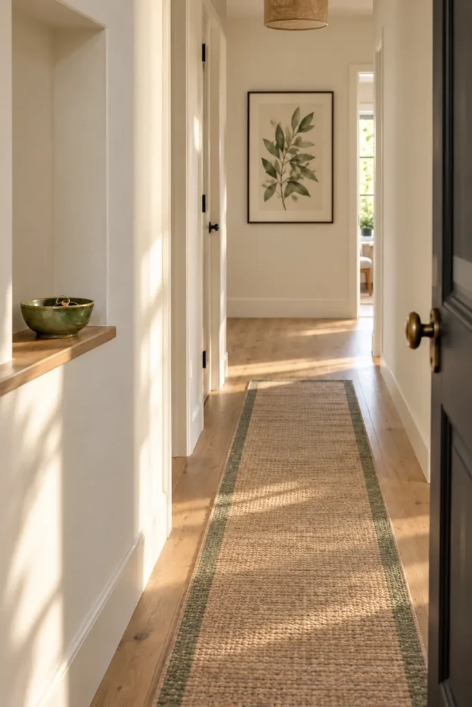 One accent color repeated in three small details along a narrow hallway for a pulled-together look