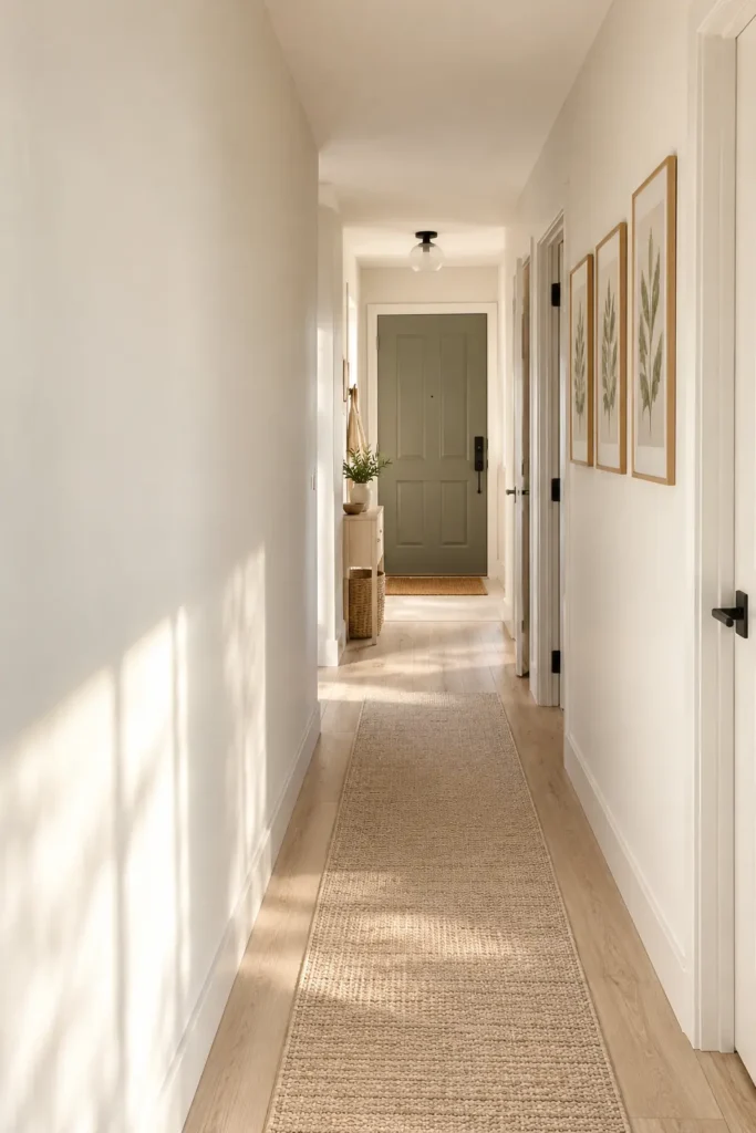 Long hallway wall left deliberately bare opposite the artwork so a narrow walkway feels open