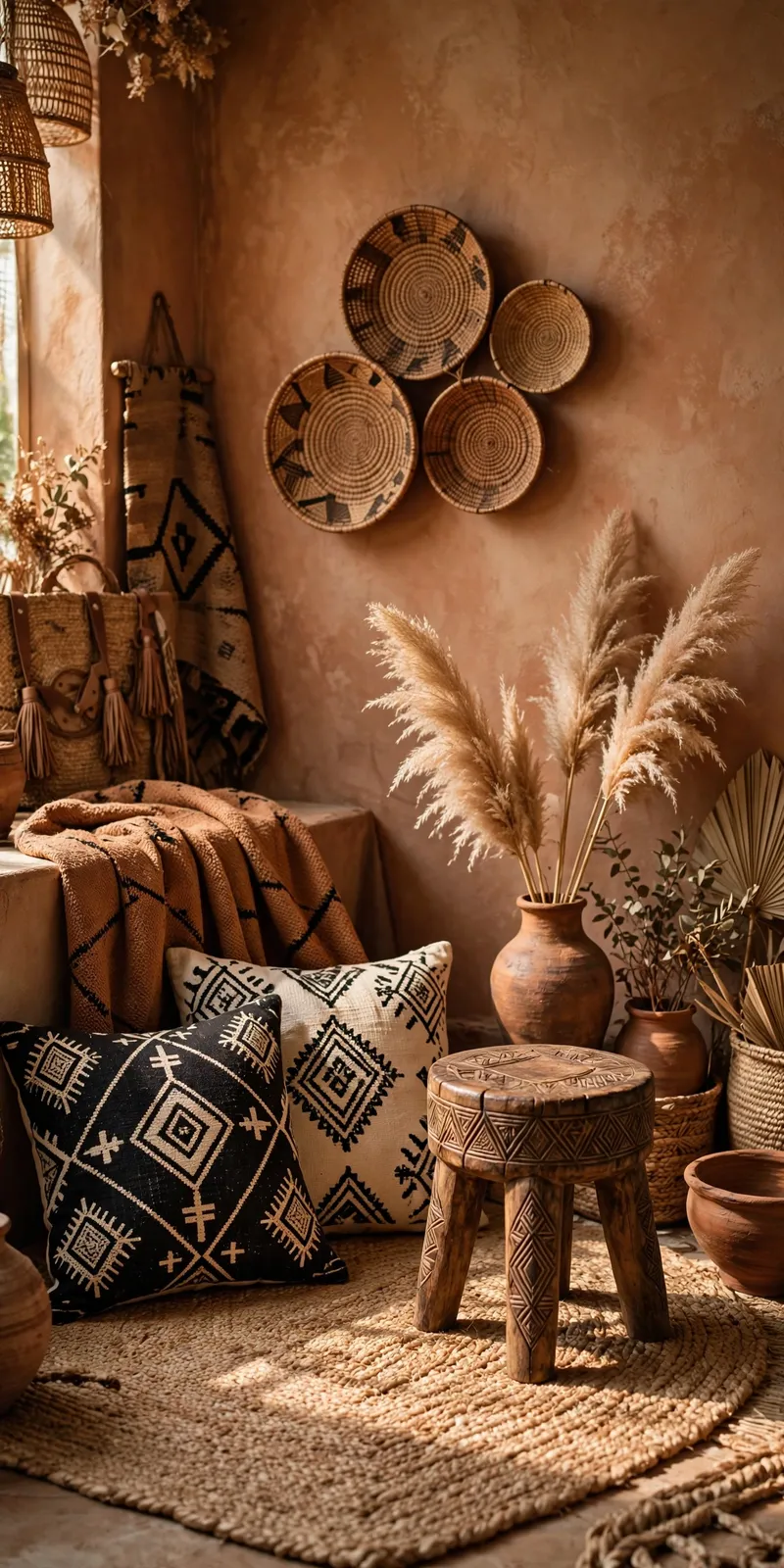 Afrohemian decor with mudcloth pillows and woven baskets