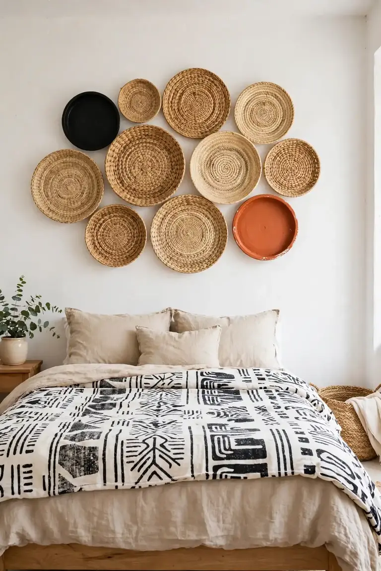 Woven basket gallery wall in an afrohemian bedroom