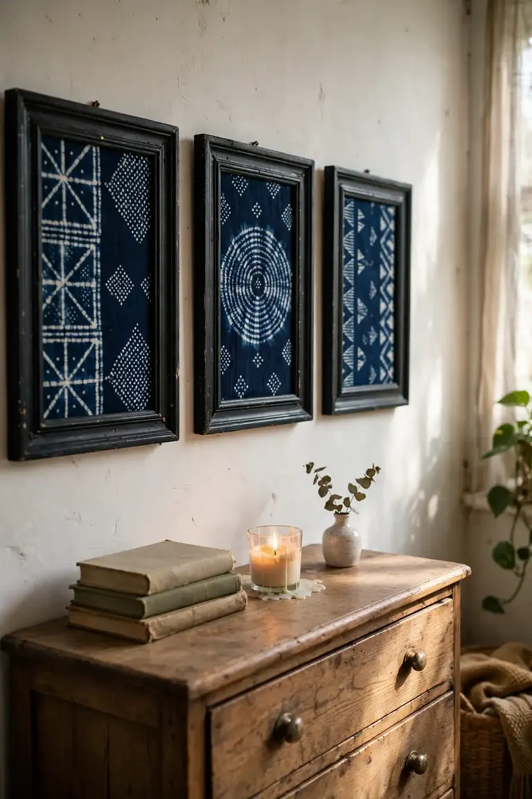 Framed adire fabric wall art above a bed