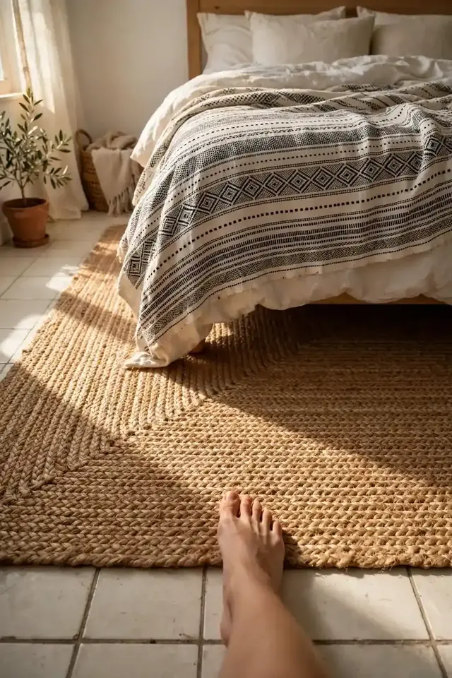 Layered jute rug beside a bed