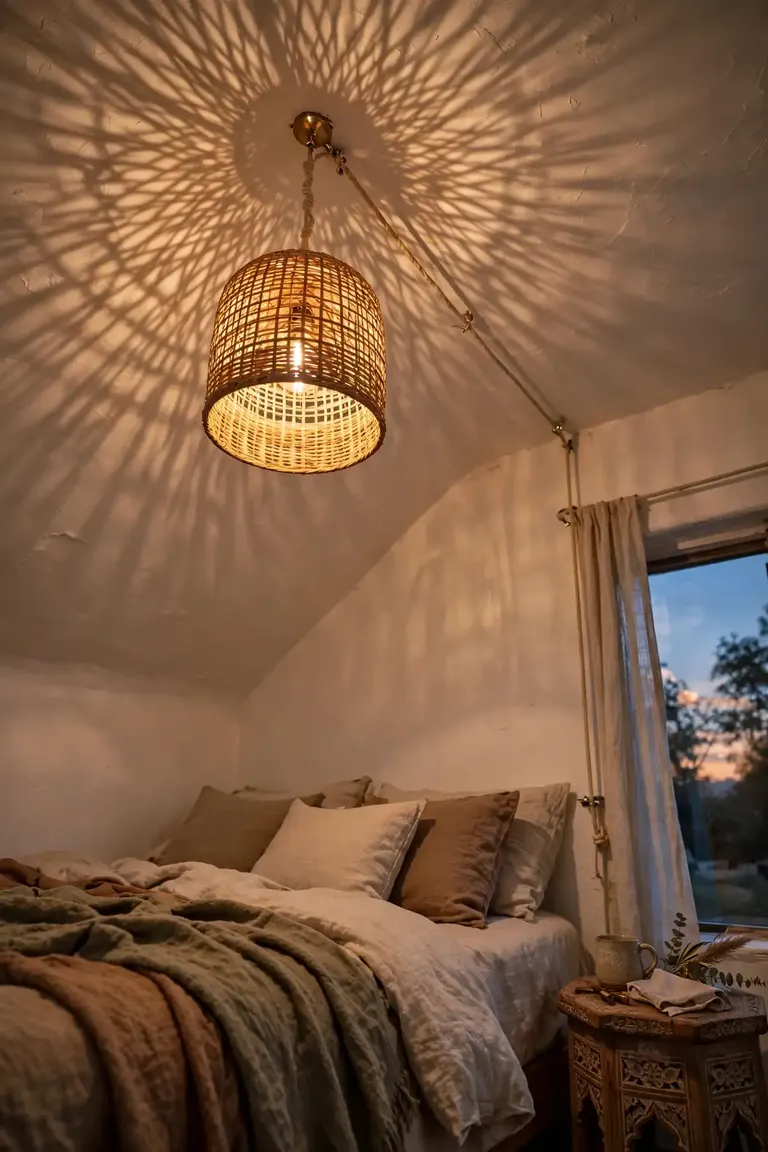 Woven rattan pendant light in an afrohemian bedroom