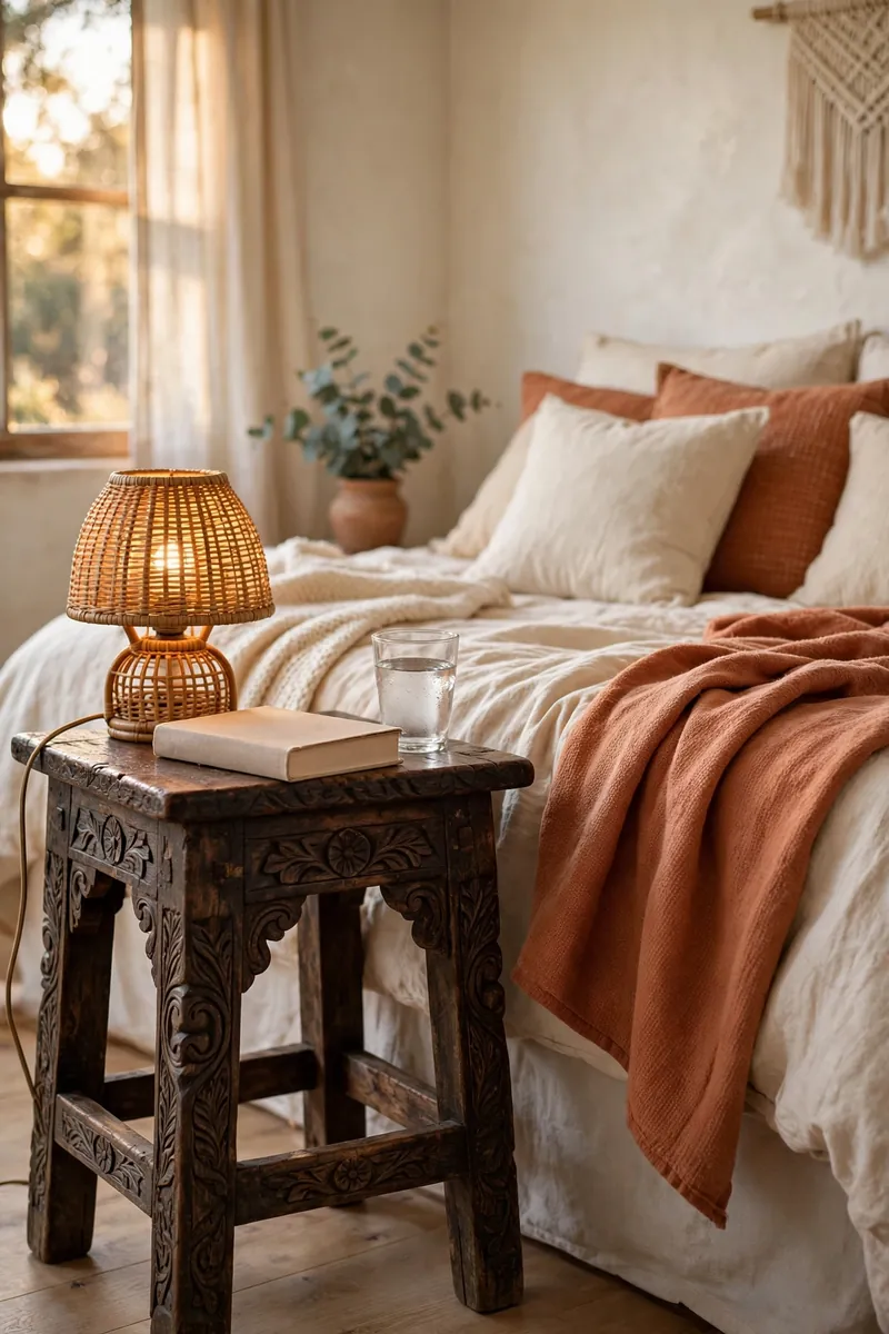 Carved wooden stool used as a nightstand