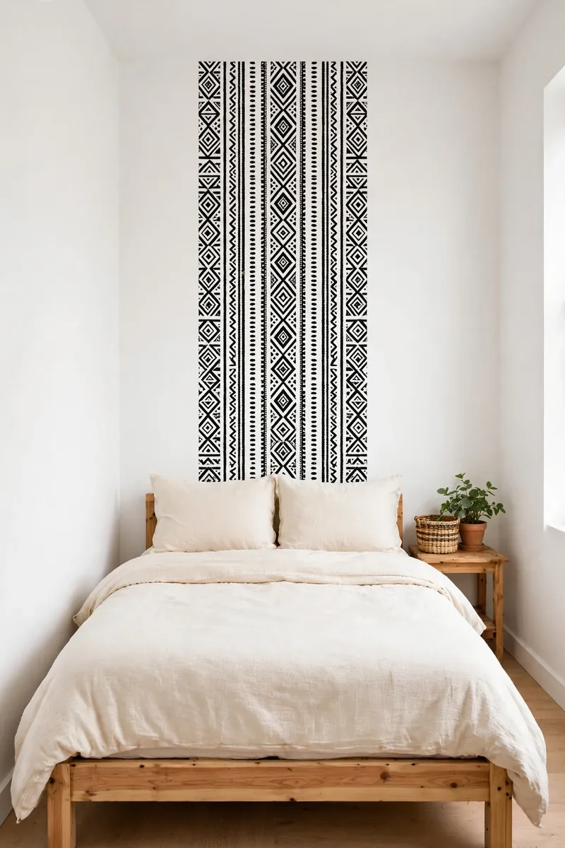 Peel-and-stick tribal print accent wall in a bedroom