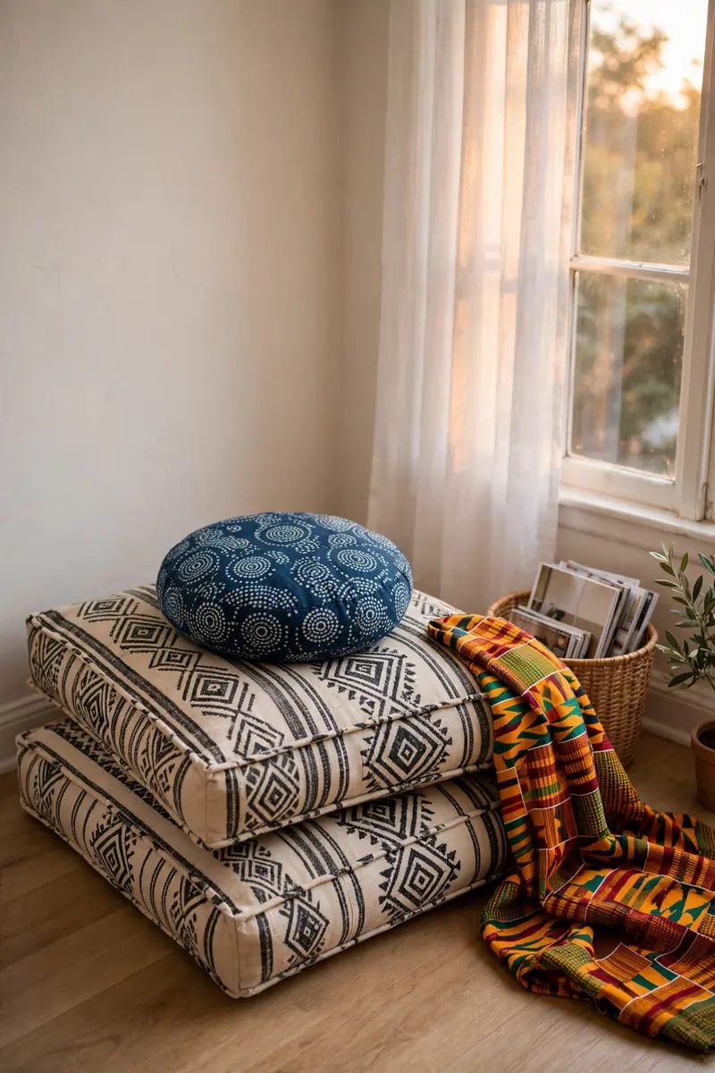 Afrohemian floor cushion reading corner