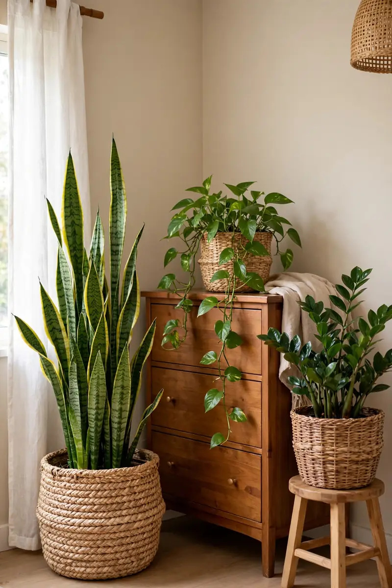 Plants in seagrass baskets styled at three heights