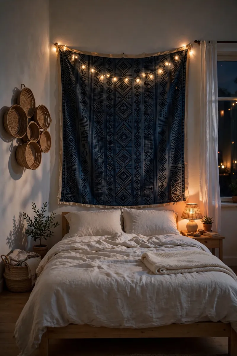 Warm fairy lights over a mudcloth wall tapestry