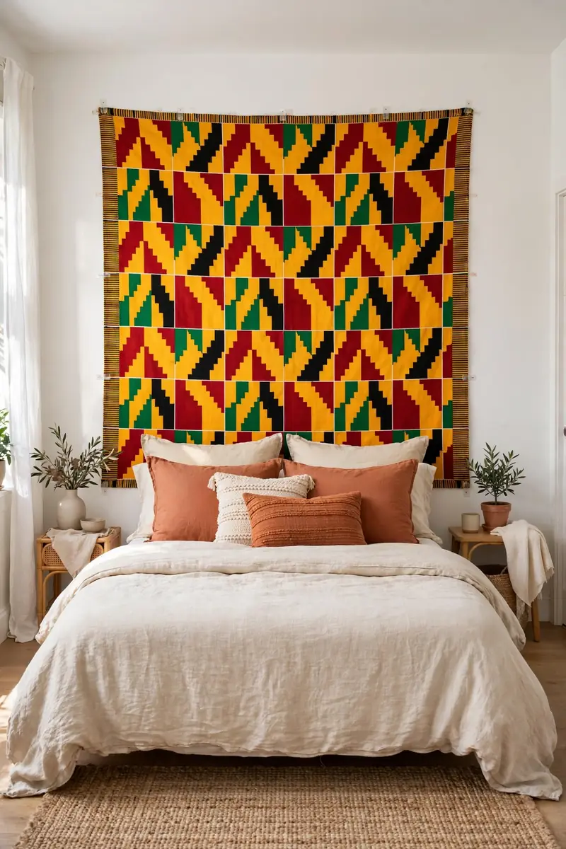 Kente fabric tapestry used as a no-drill headboard