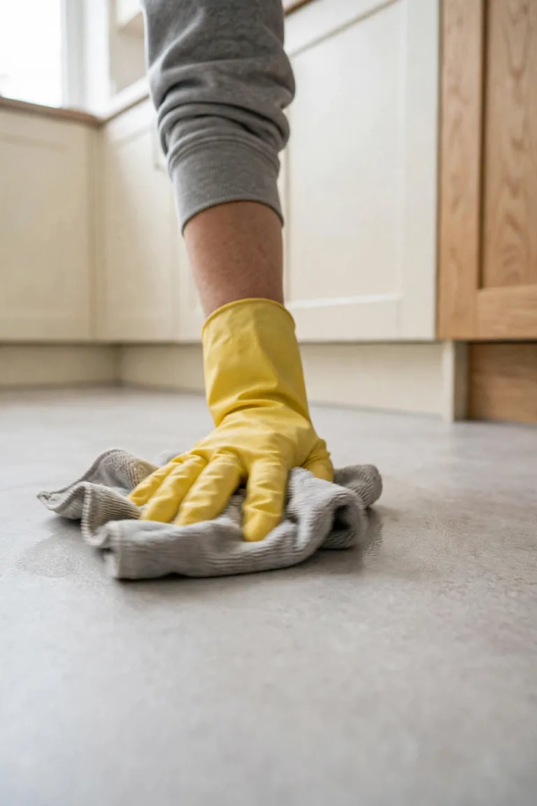 Hand in a protective glove wiping a sheet vinyl kitchen floor with a damp microfiber cloth