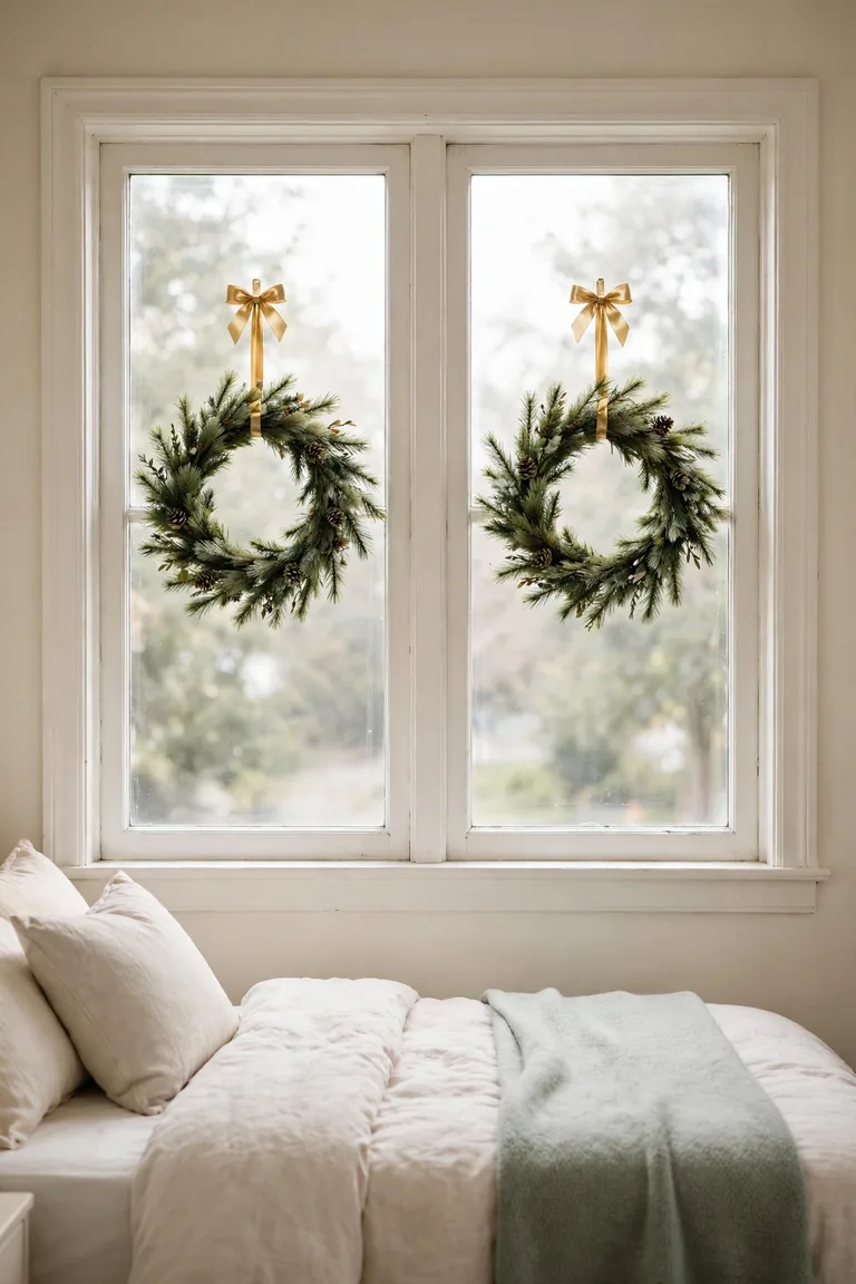Two matching mini wreaths hung symmetrically on double window panes