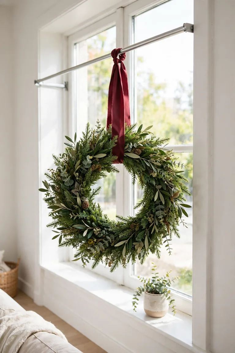 Wreath hanging from a wide ribbon looped over a tension rod in a window frame
