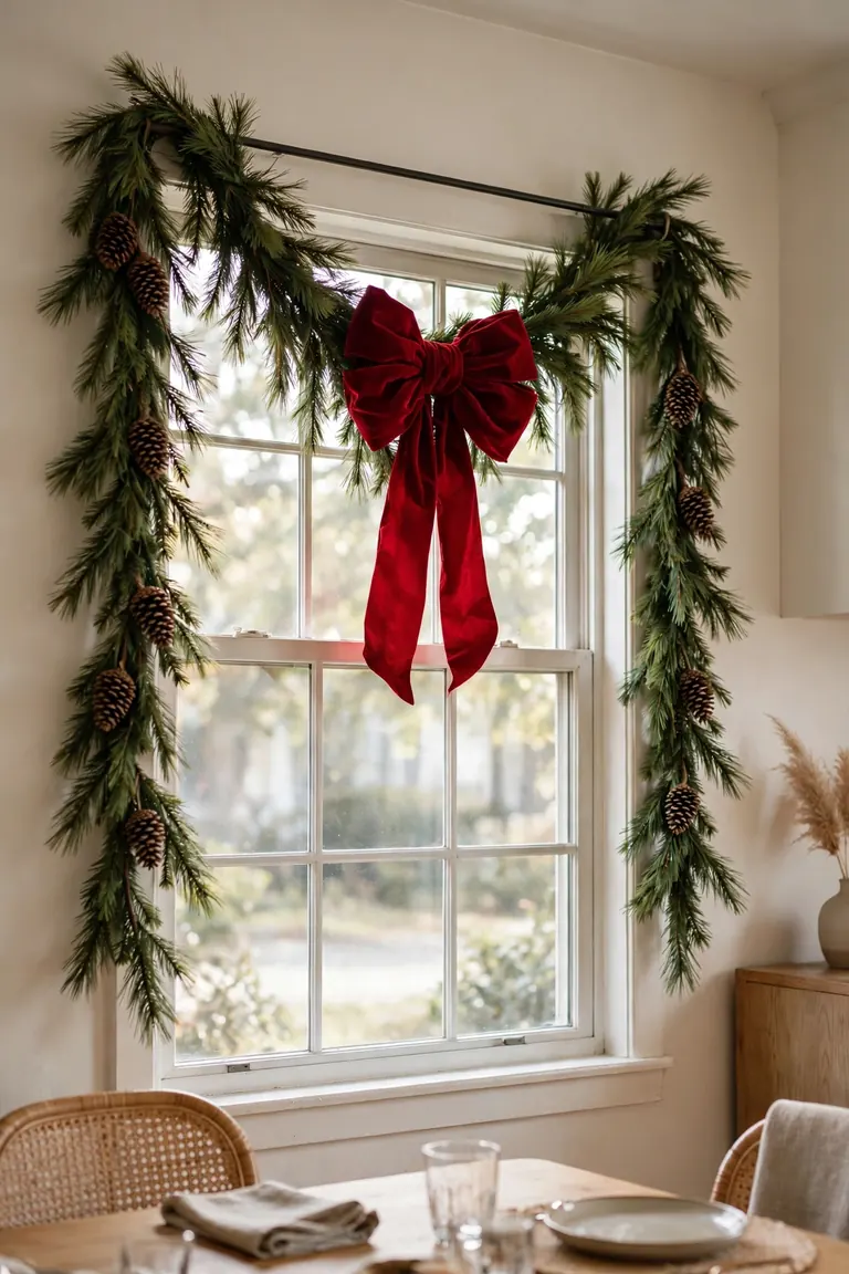 Pine garland draped in a swag over a tension rod with a red bow