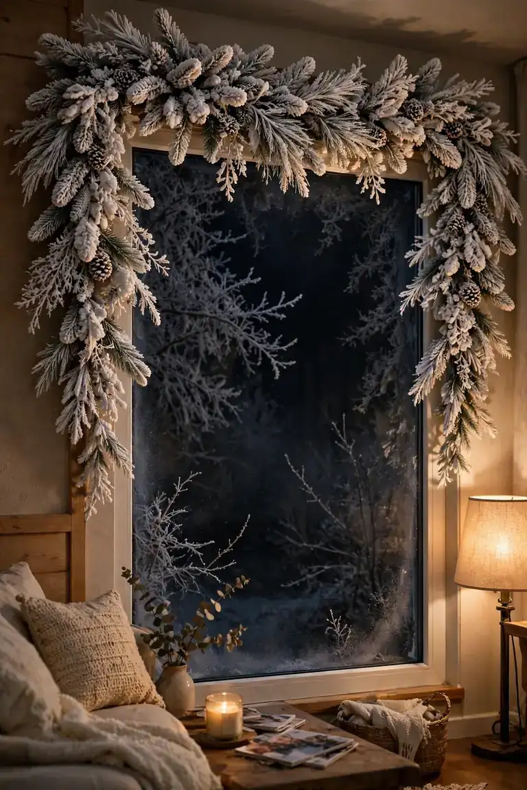 Snowy flocked garland framing a window at night