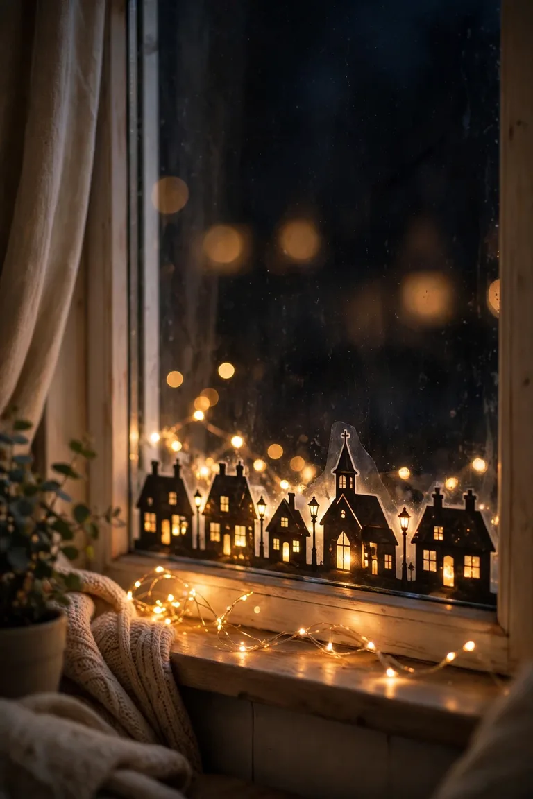 Christmas village window decal with fairy lights glowing behind it