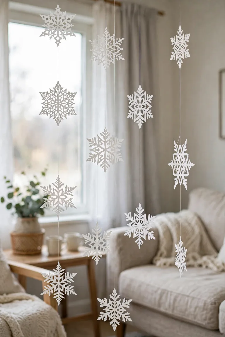 White paper snowflakes floating at different heights in front of a window