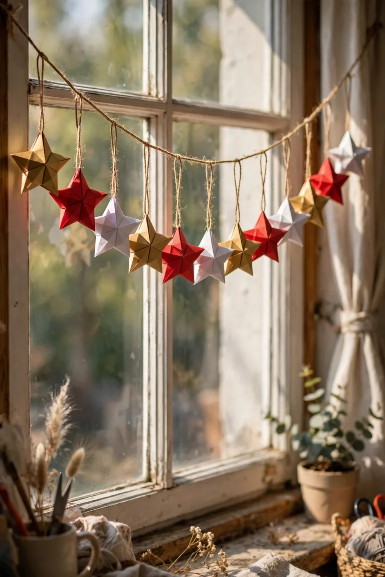 Gold, red and white origami star garland across a window top