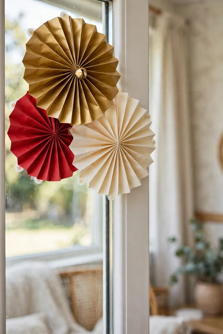 Red, gold and cream paper rosettes clustered on a window corner