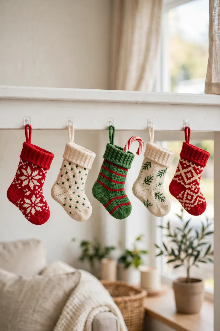 Mini Christmas stockings hung in a row under a windowsill