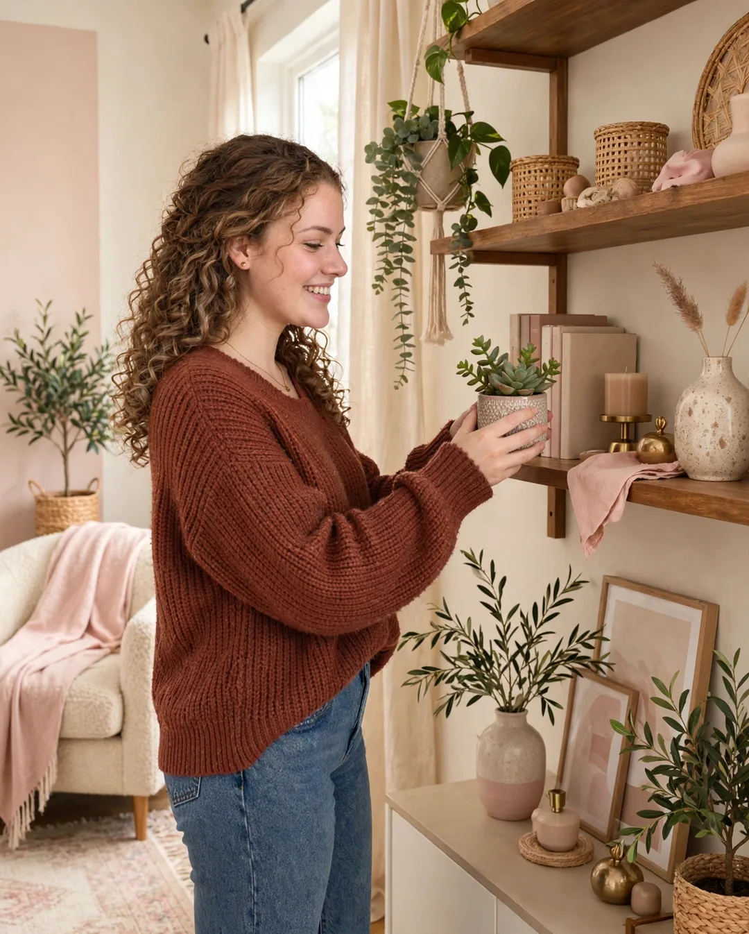 Elora styling a wooden shelf with a succulent in a warm, cozy living room