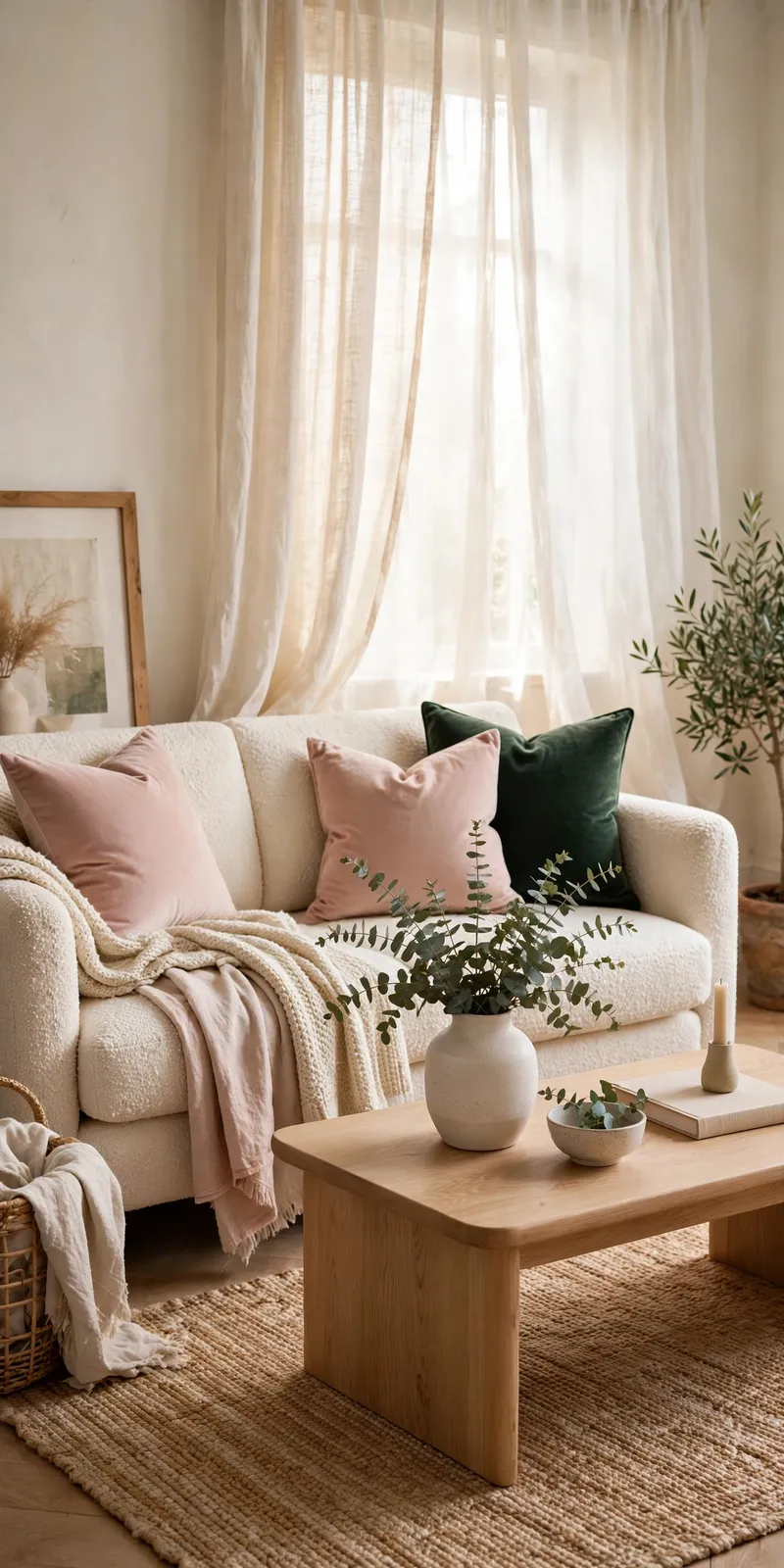 Warm living room with cream boucle sofa
