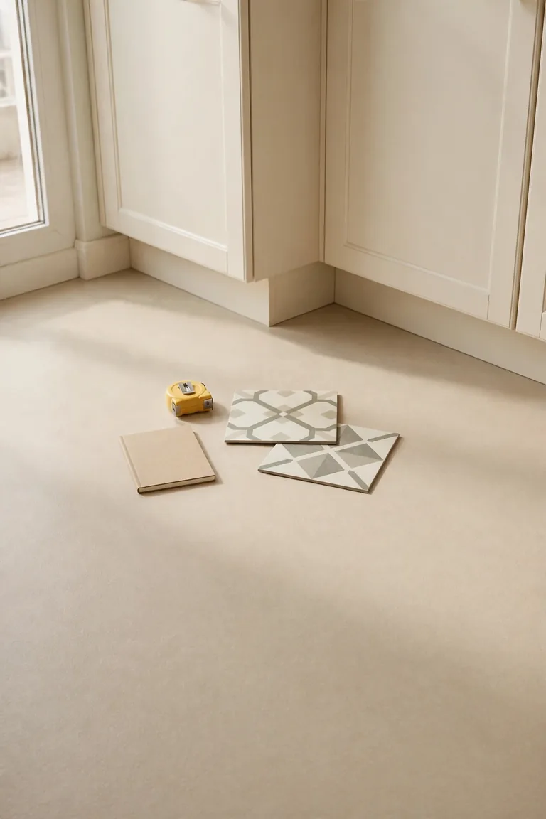 Two peel and stick tile samples with a tape measure and notebook resting on an intact beige sheet vinyl floor