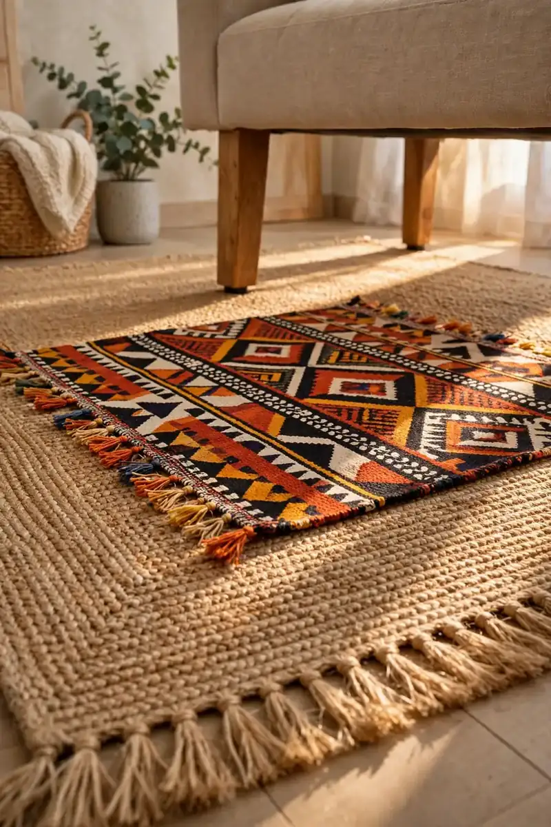 Layered jute and patterned rugs in an afrohemian living room