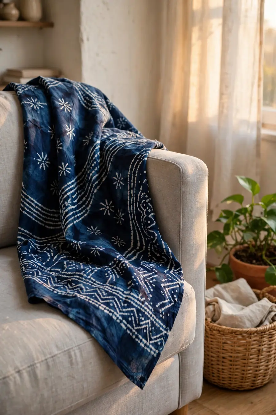 Adire fabric throw draped over a sofa arm