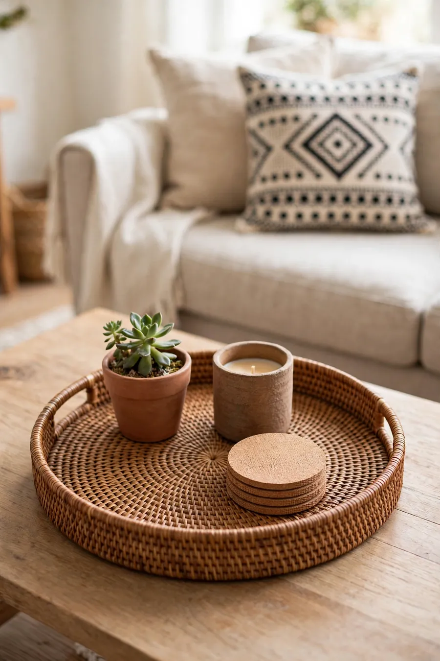Rattan tray styled on a living room coffee table