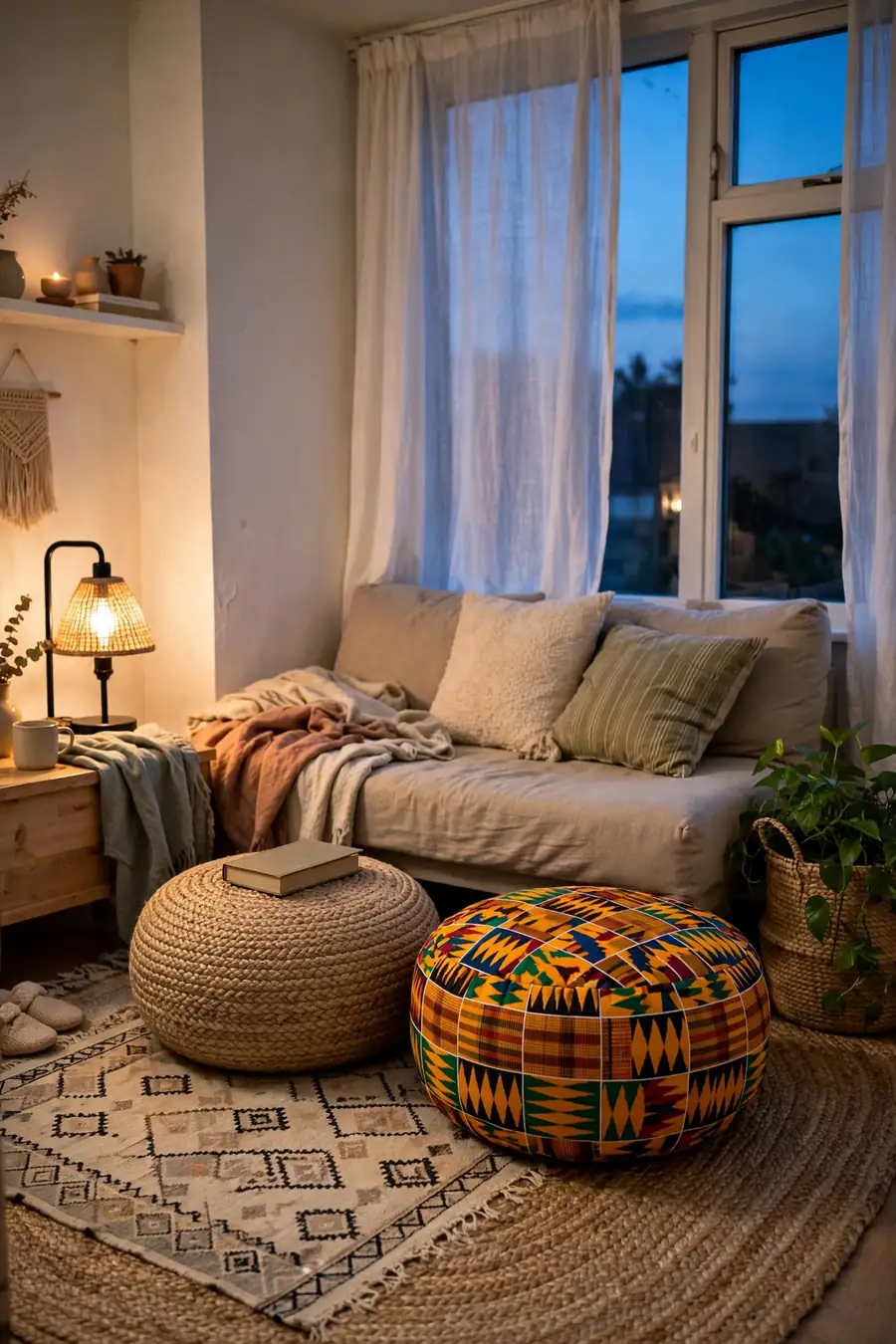 Jute and kente floor poufs in an afrohemian living room