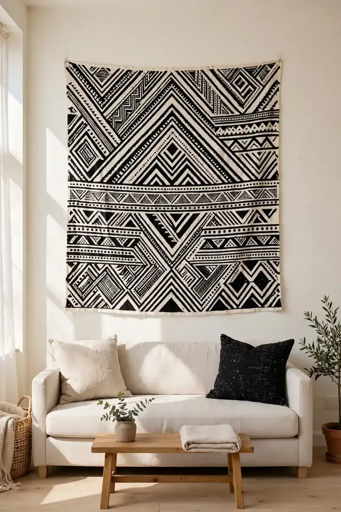 Large mudcloth wall hanging above a sofa
