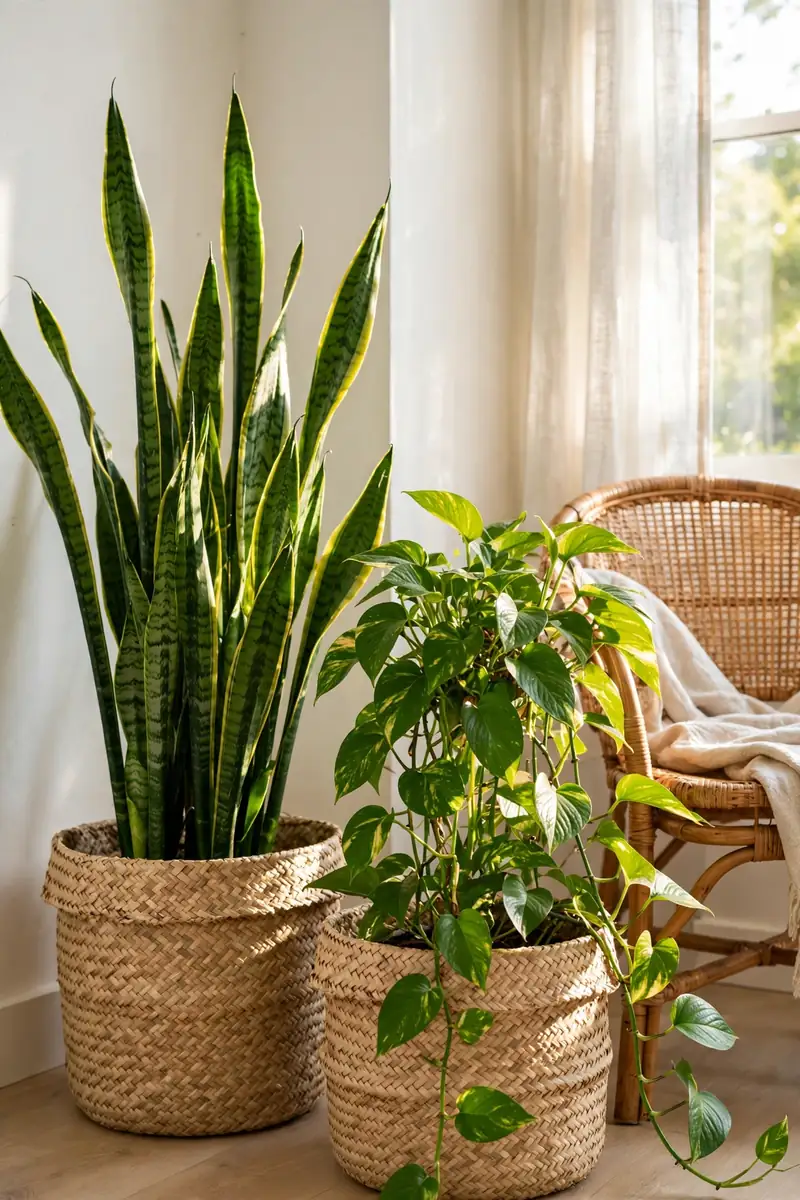 Plants in seagrass baskets in a living room corner