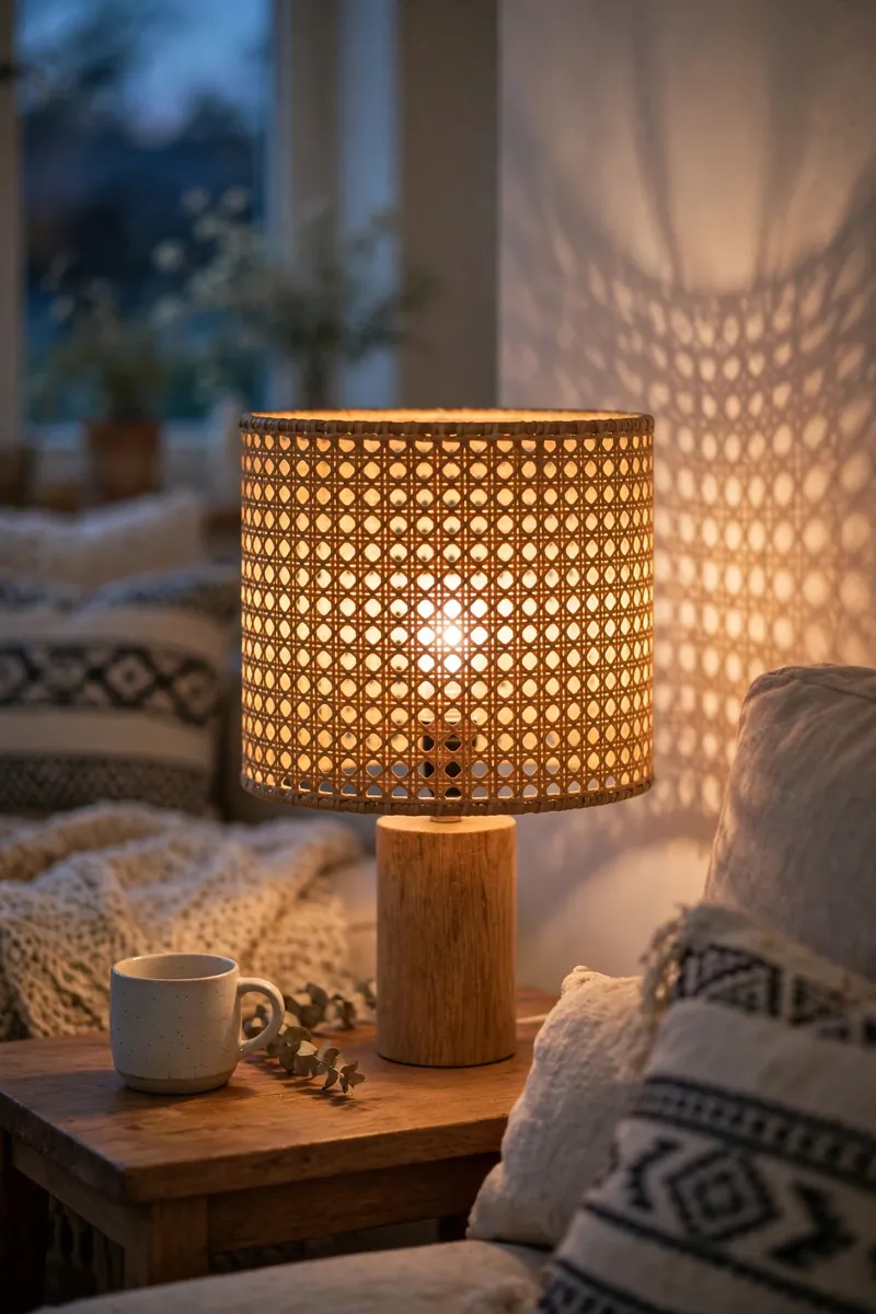 Woven rattan lampshade in an afrohemian living room