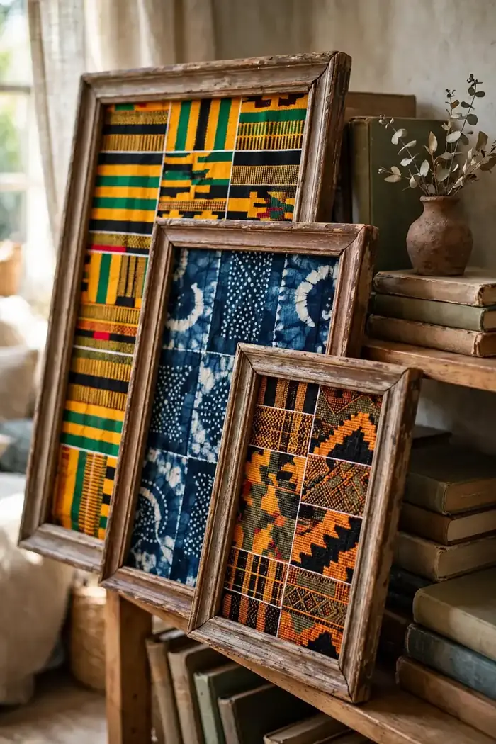 Framed kente and adire textiles styled on a bookshelf