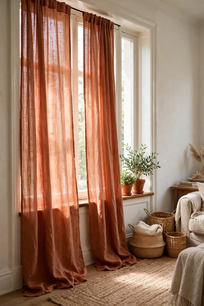 Terracotta curtains in a warm afrohemian living room