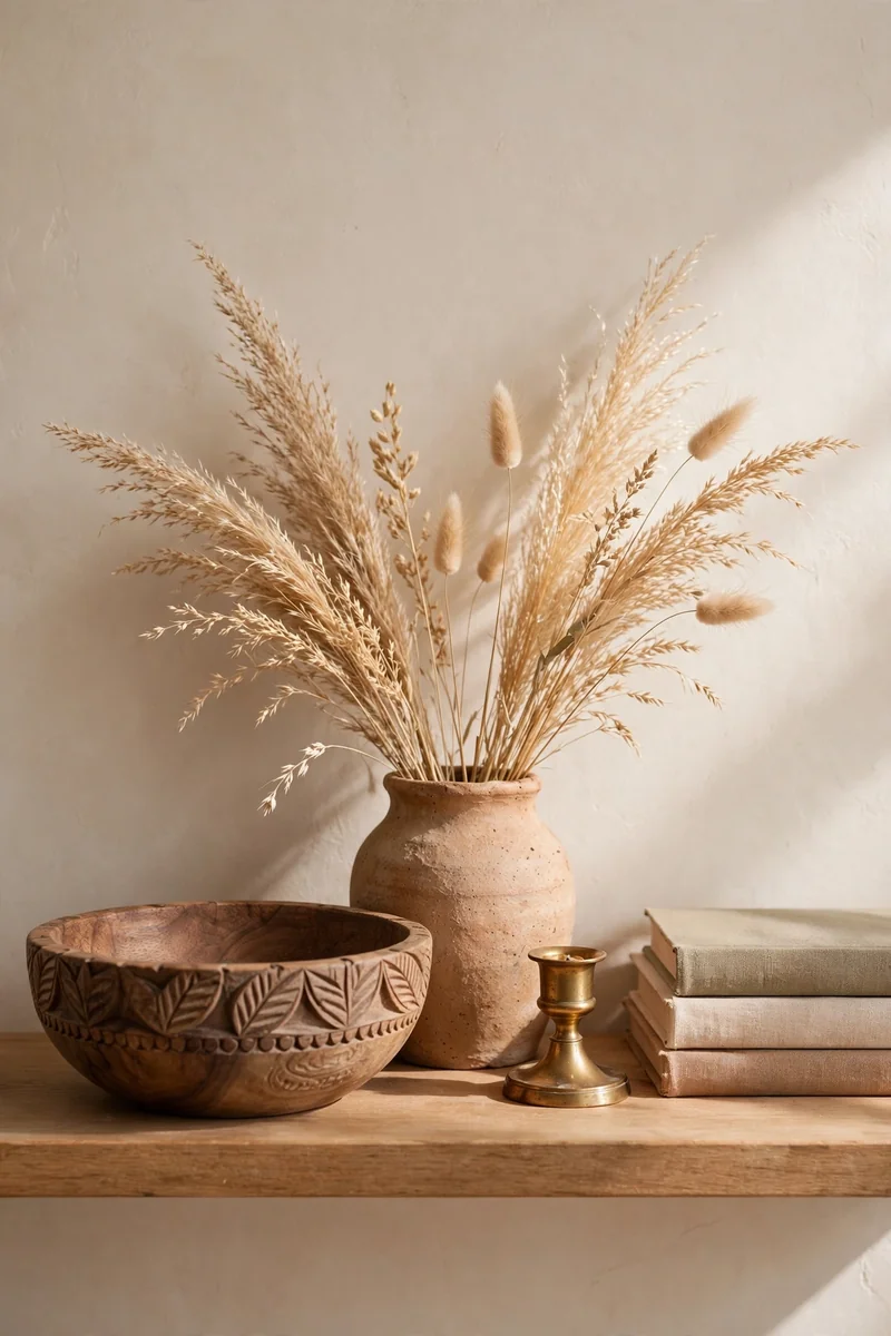 Styled afrohemian shelf vignette with baskets and pottery