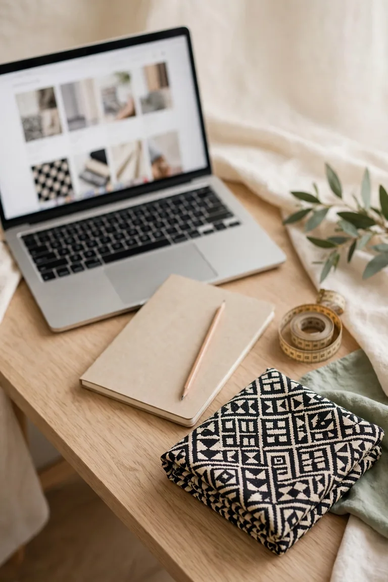 Laptop, notebook, pencil, tape measure, and folded black-and-cream geometric textile arranged on a light oak desk for textile buying research