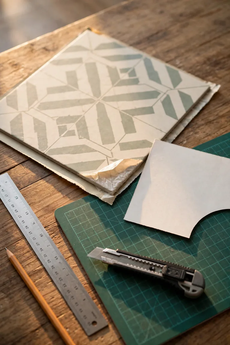 Paper template with a curved cutout, pencil, metal ruler and closed utility knife beside a new vinyl floor tile on a cutting mat