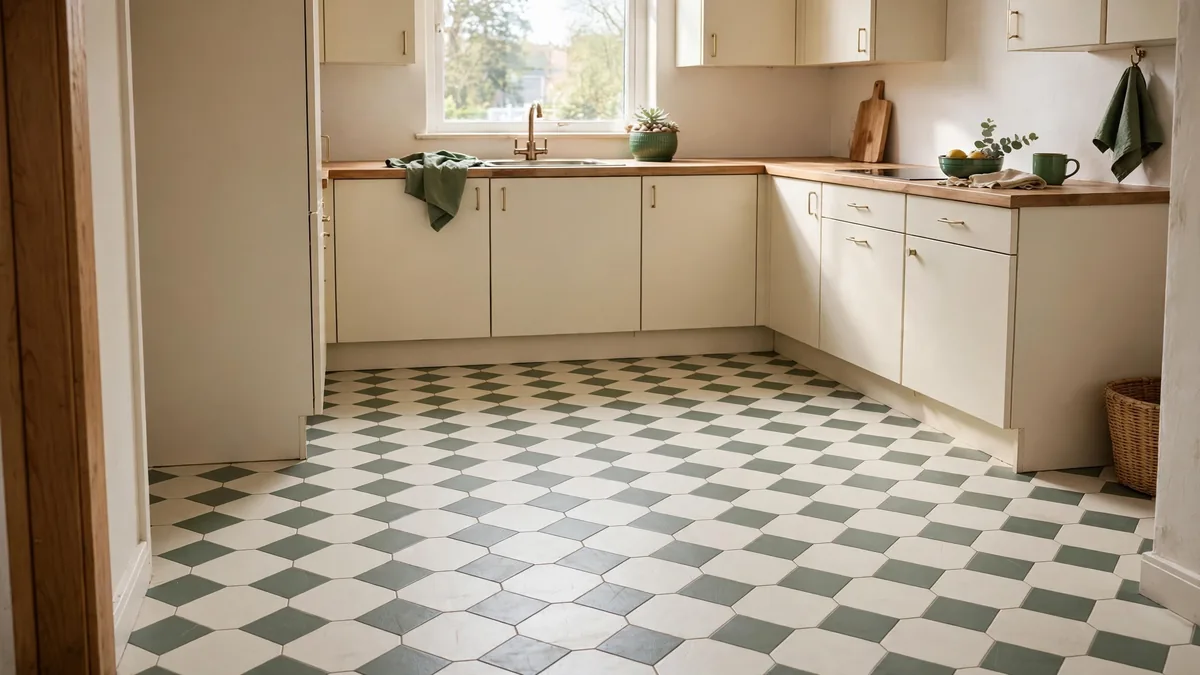 Small apartment kitchen with ivory and sage geometric peel and stick vinyl tile floor, cream cabinets and light oak countertops