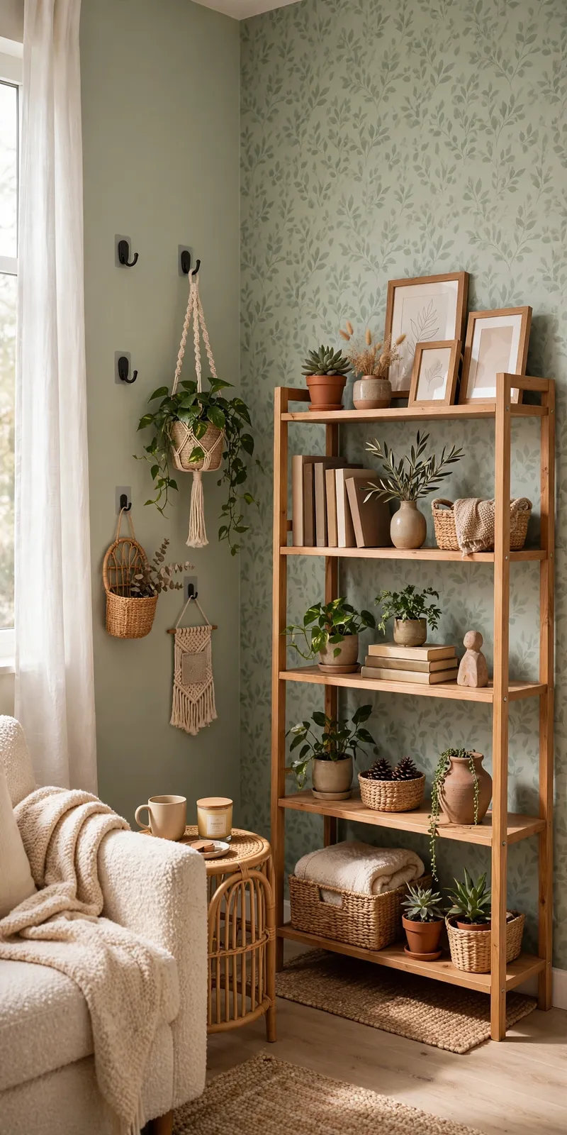 Renter-friendly corner with no-drill hooks and plants