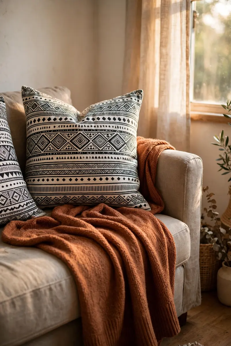 Mudcloth pillow covers and rust throw on a studio sofa