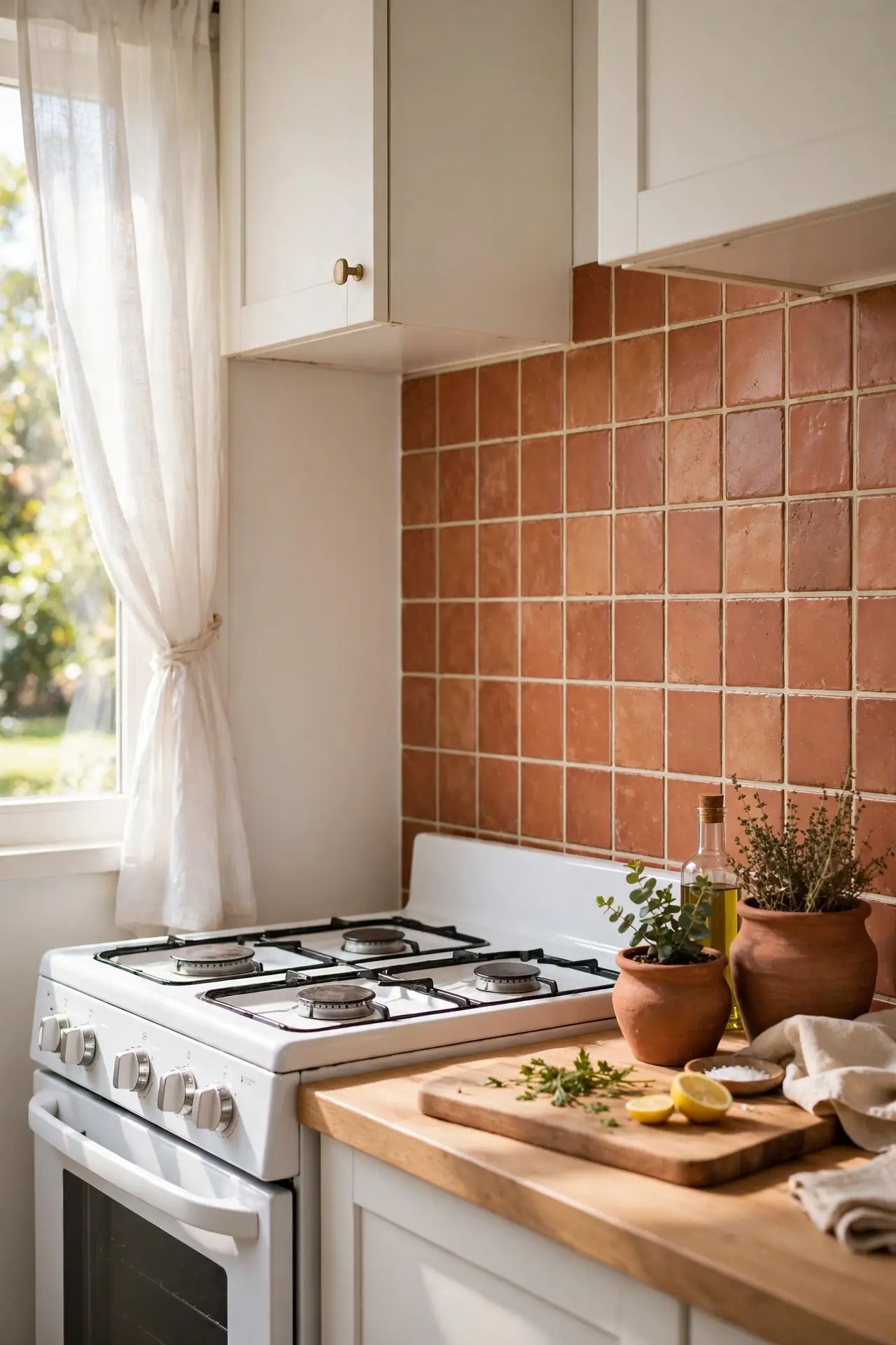 Terracotta peel-and-stick tile backsplash in a rental kitchen